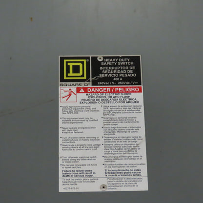 Square D H325N 400A 3-Pole Single Throw Fusible Safety Disconnect Switch 240VAC