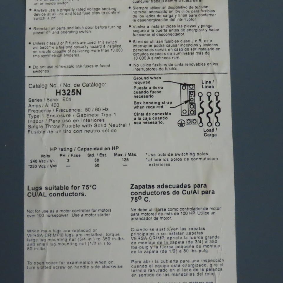 Square D H325N 400A 3-Pole Single Throw Fusible Safety Disconnect Switch 240VAC