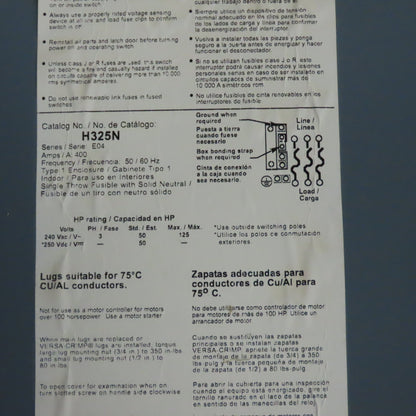 Square D H325N 400A 3-Pole Single Throw Fusible Safety Disconnect Switch 240VAC