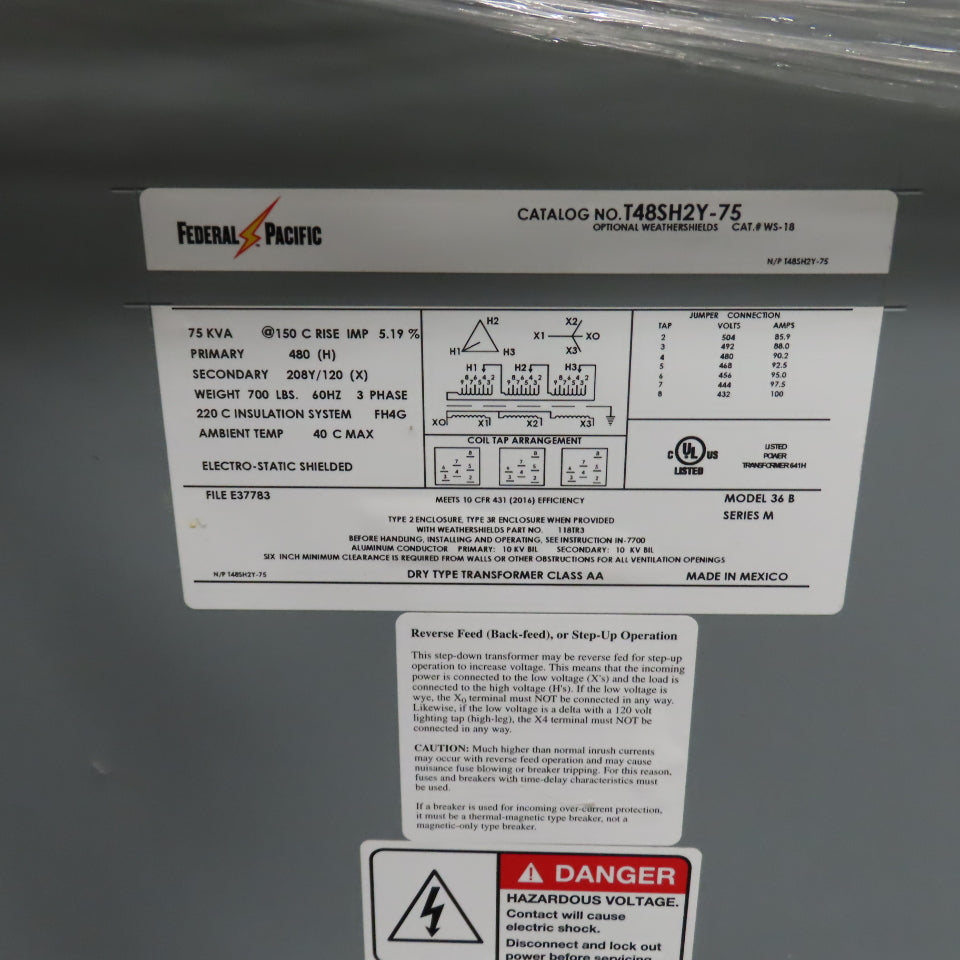 Federal Pacific T48SH2Y-75 75kVA 3PH Transformer Pri 480V Sec 208Y / 120V NEW