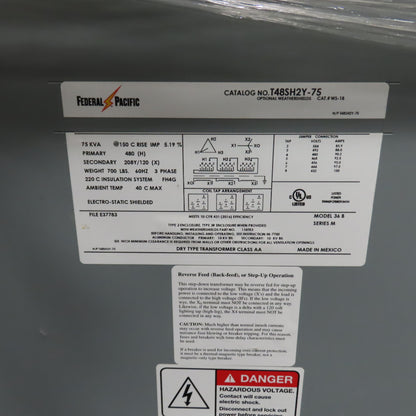 Federal Pacific T48SH2Y-75 75kVA 3PH Transformer Pri 480V Sec 208Y / 120V NEW