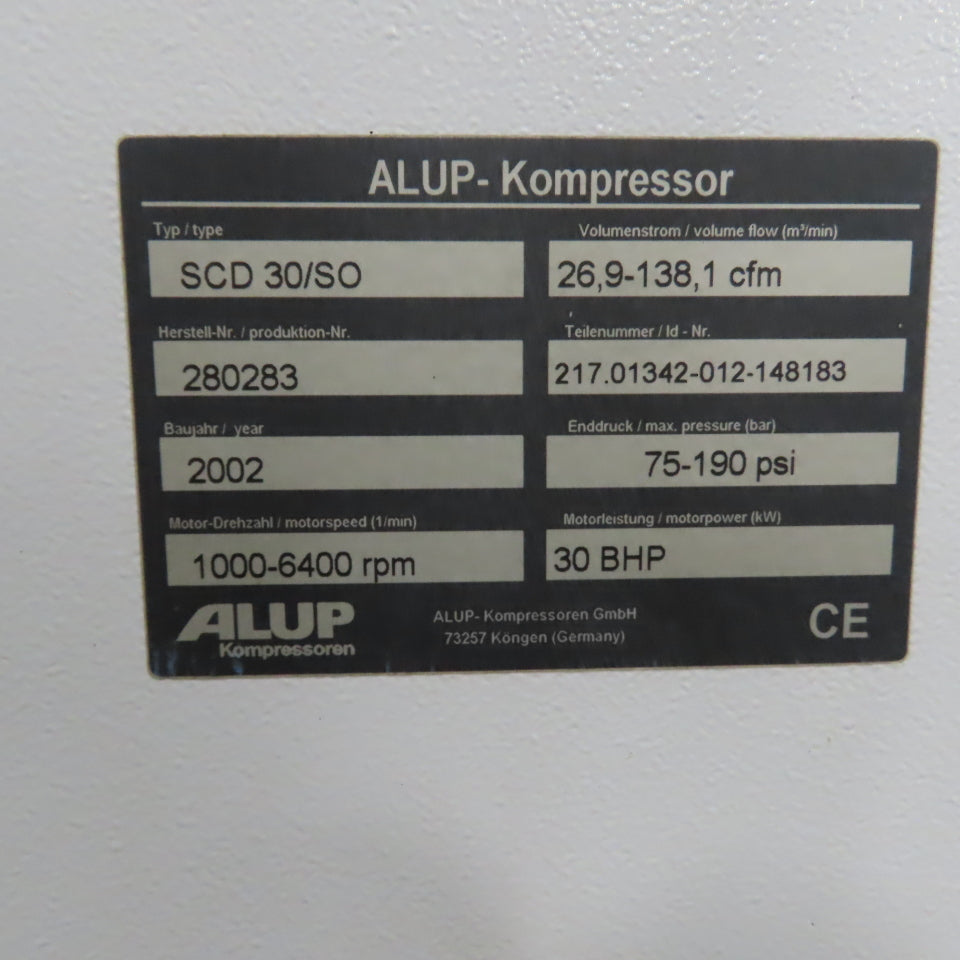 Alup SCD 30/SO 30HP Variable Speed Rotary Screw Air Compressor 460V 3PH 190PSI