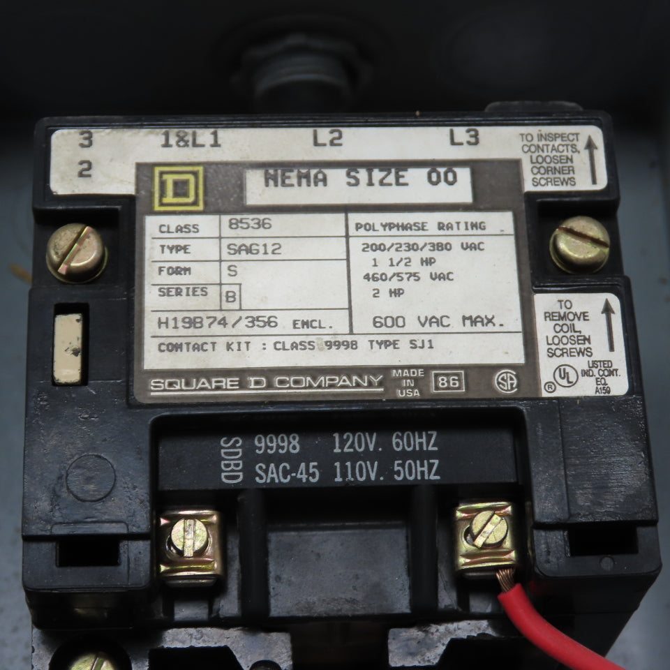 Square D 8536 SAG12 Size 00 Motor Starter 2HP 120V Coil W/Overload B9.10 Heaters