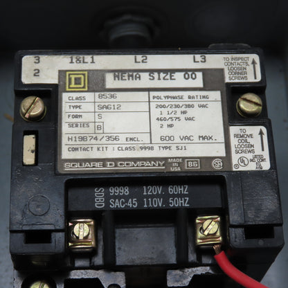 Square D 8536 SAG12 Size 00 Motor Starter 2HP 120V Coil W/Overload B9.10 Heaters