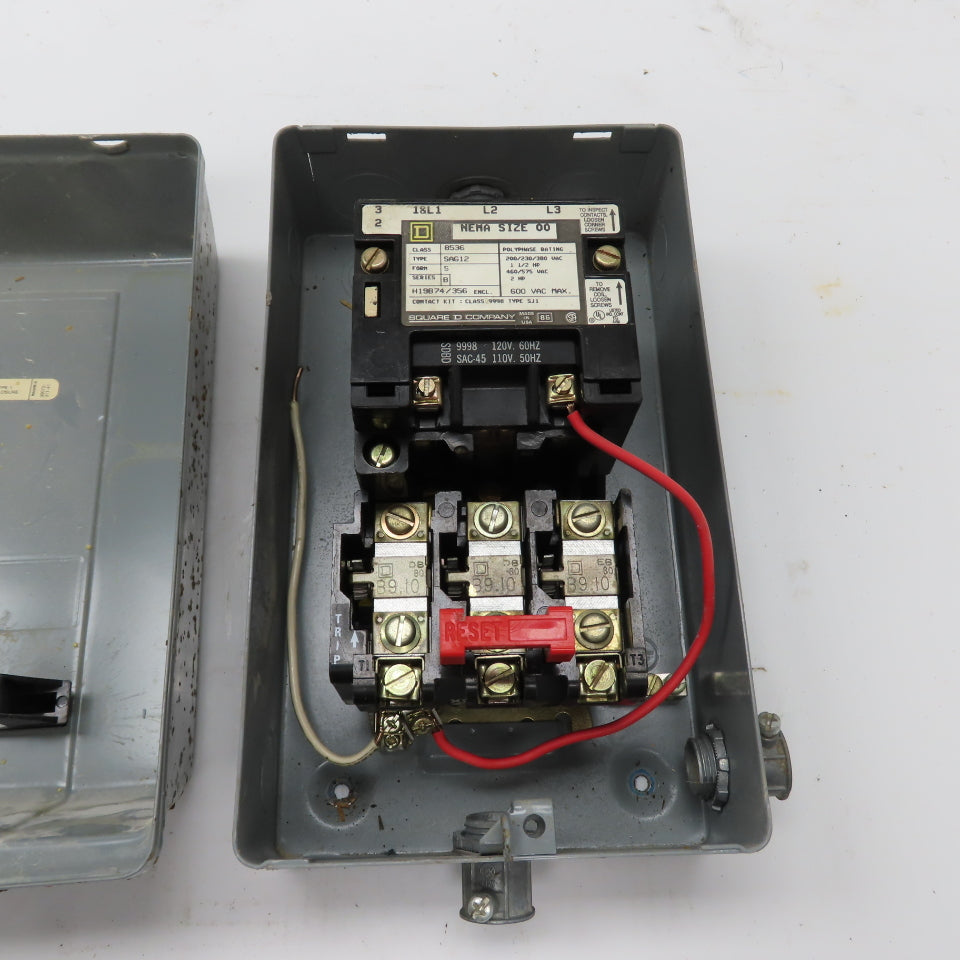 Square D 8536 SAG12 Size 00 Motor Starter 2HP 120V Coil W/Overload B9.10 Heaters
