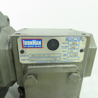 IronMan W8130076.00 15:1 Ratio Gear Reducer 116.6RPM Out 242IN-LB Torque