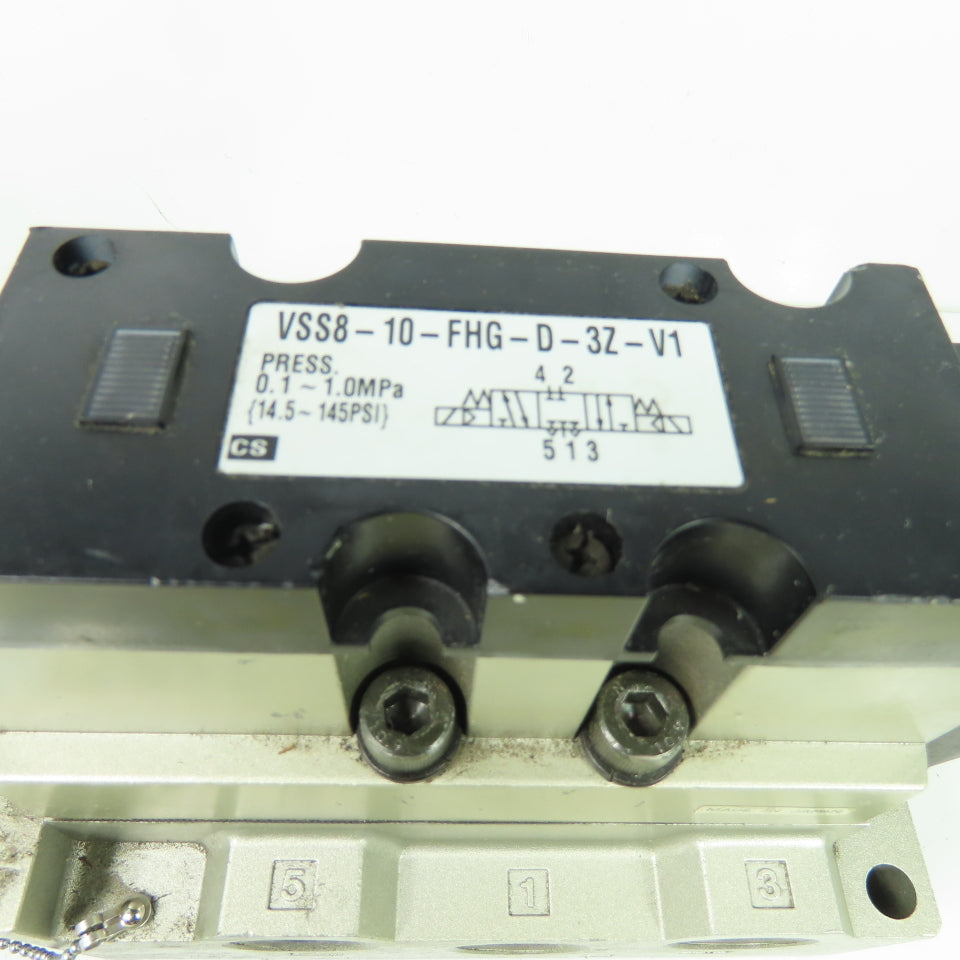 SMC VSS8-10-FHG-D-3Z-V1 Solenoid Valve 145PSI 21-26VDC Coil W/ Manifold Base