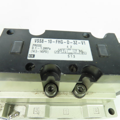 SMC VSS8-10-FHG-D-3Z-V1 Solenoid Valve 145PSI 21-26VDC Coil W/ Manifold Base