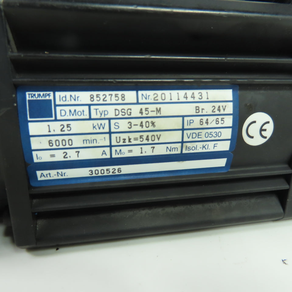 Trumpf DSG 45-M 852758 1.25KW Servo Motor 540V 6000RPM 2.7A Br. 24V (Clean)