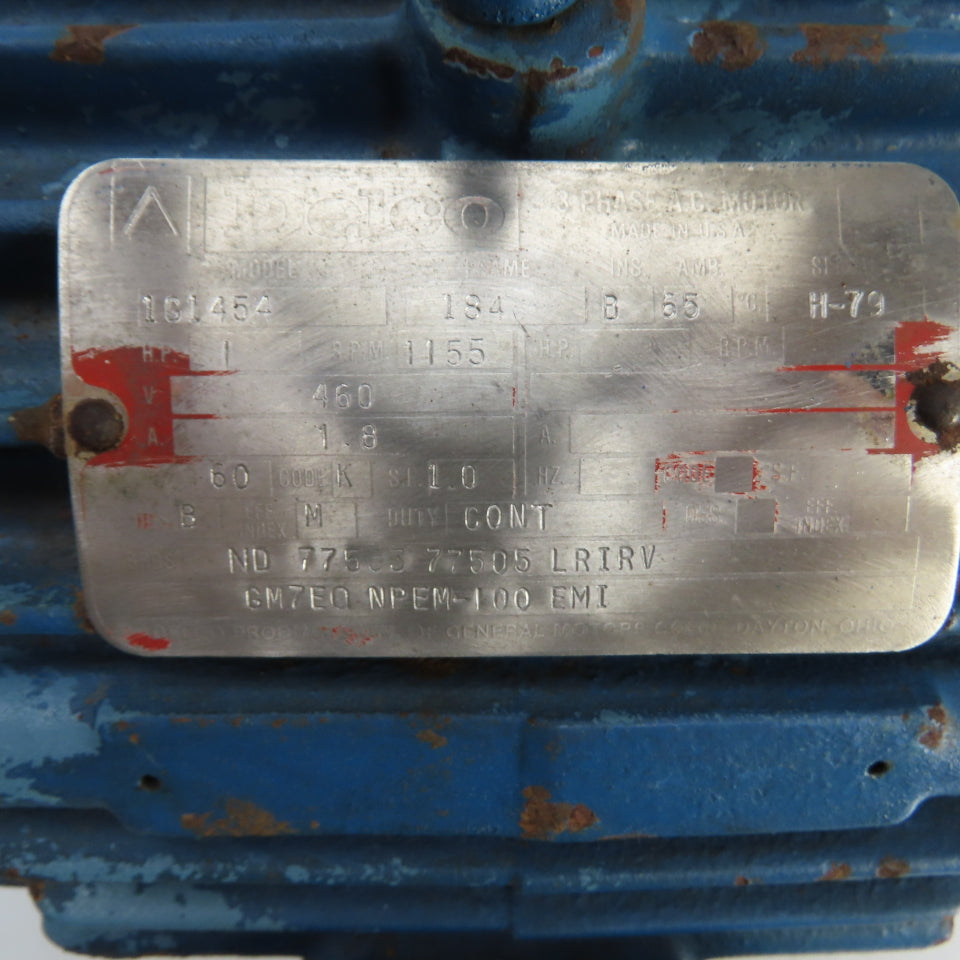 Delco 1G1454 1HP AC Electric Motor 460V 3PH 1155RPM 1.8A 184 Frame Tested