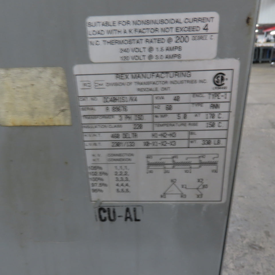 Rex DC40H1S1/K4 40KVA Transformer 460V Pri 230Y/133V Sec 3Ph Tested