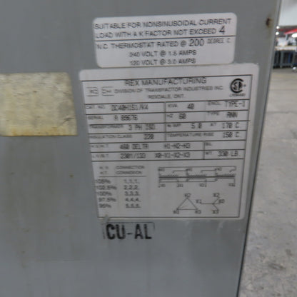 Rex DC40H1S1/K4 40KVA Transformer 460V Pri 230Y/133V Sec 3Ph Tested