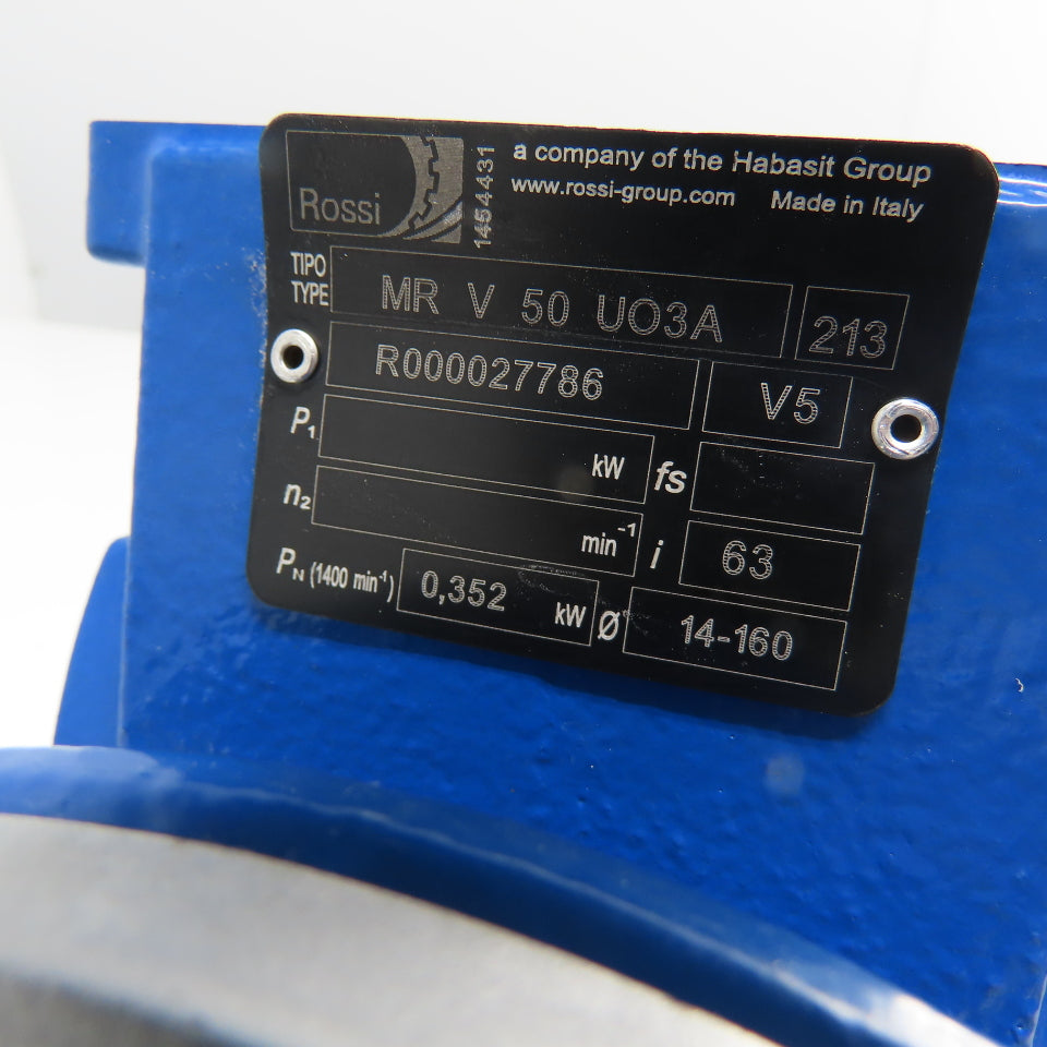 Rossi MR V 50 UO3A 60:1 Ratio Gear Motor Reducer 22RPM Out 0.42KW 3Ph 230/460V
