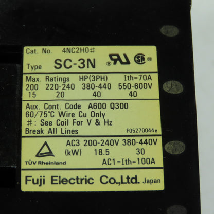 Fuji 4NC2H0# SC-3N Magnetic Contactor 600V 40HP 70A 110V Coil