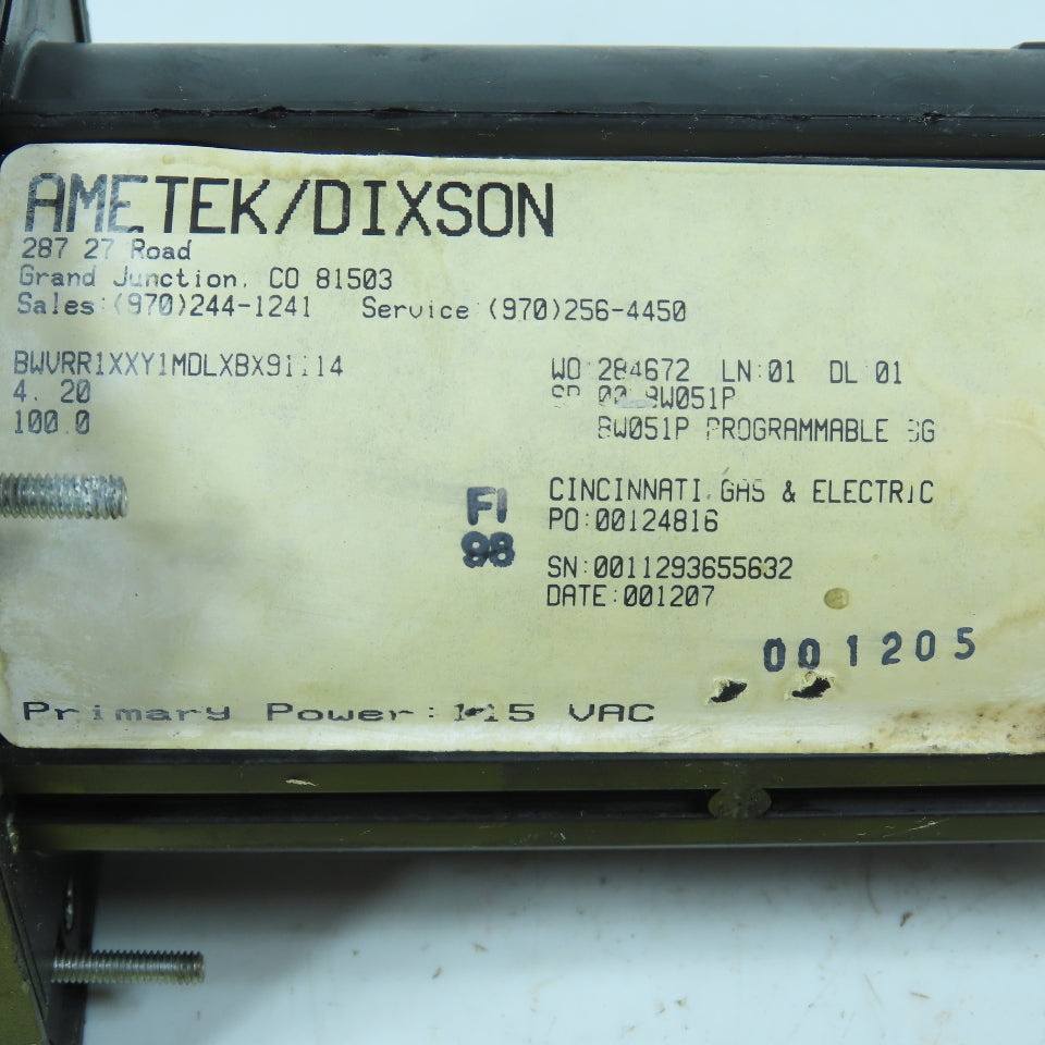 Ametek/Dixson BWVRR1XXY1MDLXBX91114 Hydrogen To Air Percentage Digital Display