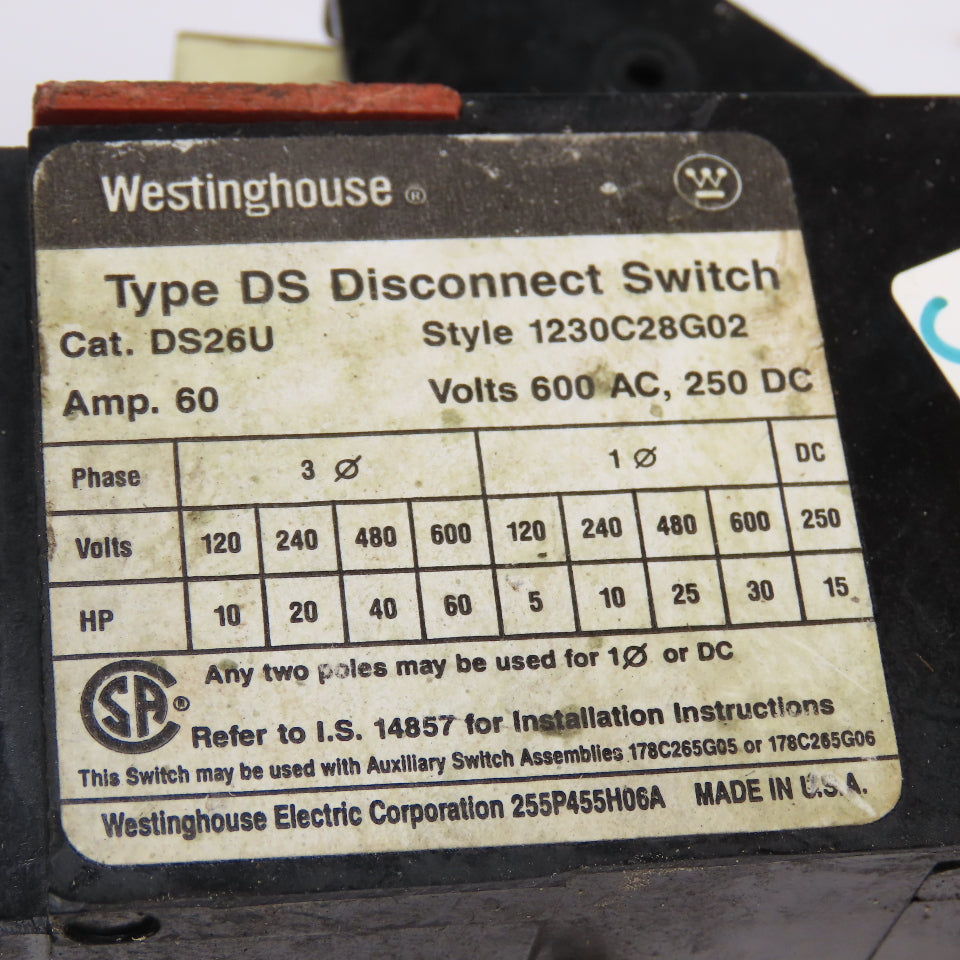 Westinghouse DS26U 60A 600V 3 Pole Disconnect Switch