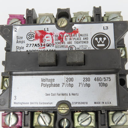 Westinghouse 277A534G01 765A840G01 Size 1 Reversing Motor Starter Assembly 460V