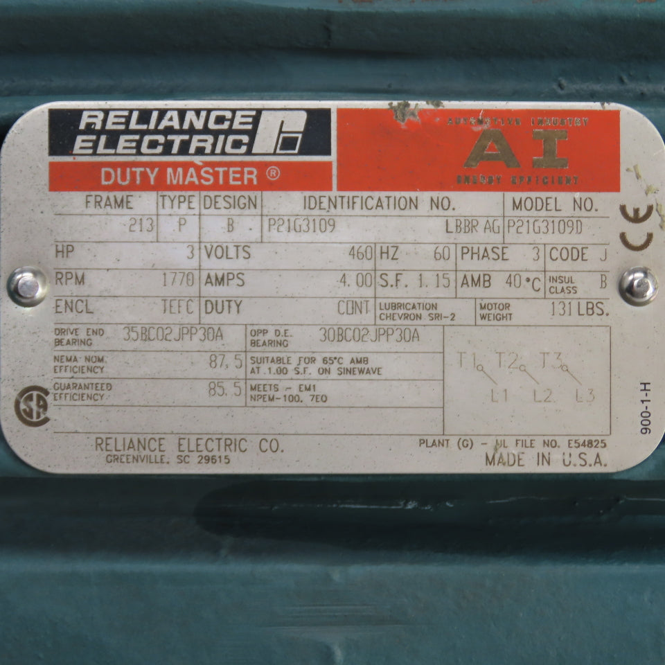 Reliance P21G3109D 3HP AC Electric Motor 460V 4.0A 3PH 1770RPM 213 Fr. Tested
