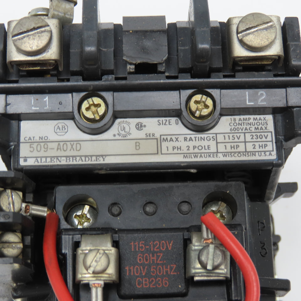 Allen Bradley 509-A0XD Size 0 Motor Starter 2 Pole 1Ph 600V 2Hp Max 120V Coil