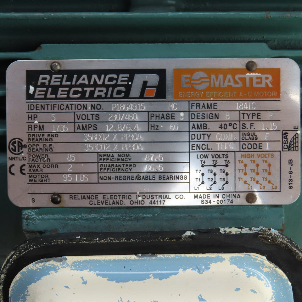 Reliance P18G4915 5HP AC Electric Motor 230/460V 3PH 1735RPM 184TC Fr. Tested