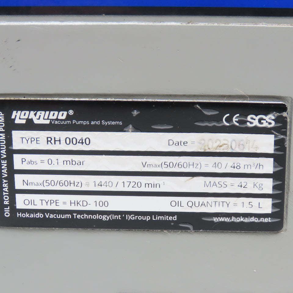Hokaido RH 0040 Rotary Vane Vacuum Pump 220-498V 50/60Hz 1.5kW
