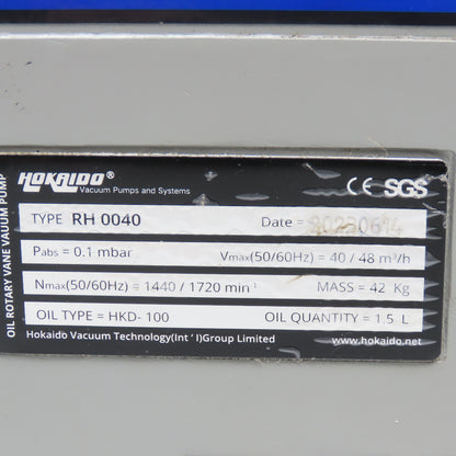 Hokaido RH 0040 Rotary Vane Vacuum Pump 220-498V 50/60Hz 1.5kW