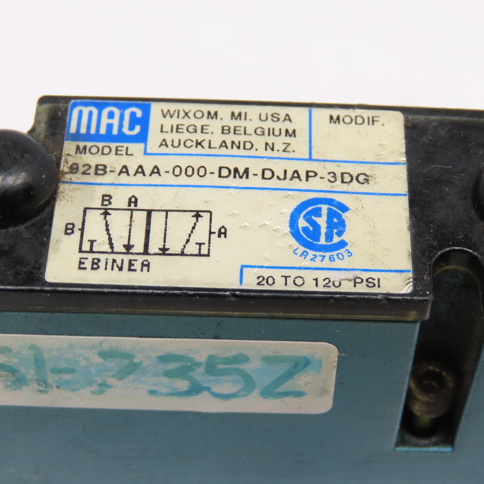 MAC 92B-AAA-000-DM-DJAP-3DG 4 Way Pneumatic Spool Valve 120V Coil