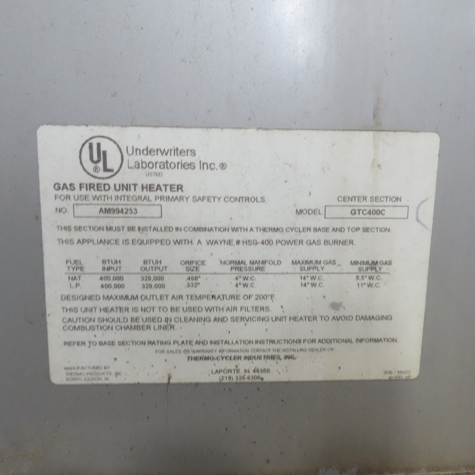 Thermo-Cycler GTC-400C 400,000 BTU/Hr Industrial Gas Fired Heating Unit 110V 1Ph