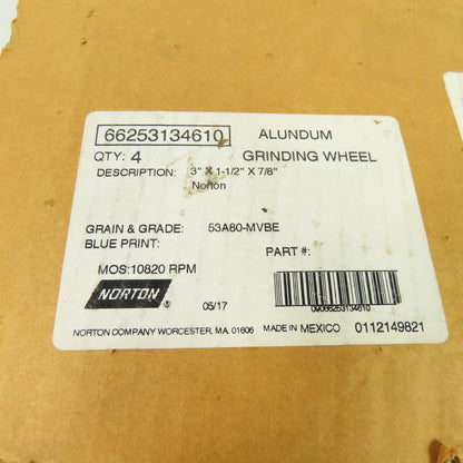 Norton 53A80-MVBE 3" x 1-1/2" x7/8" Alundum Grinding Wheel Lot Of 4