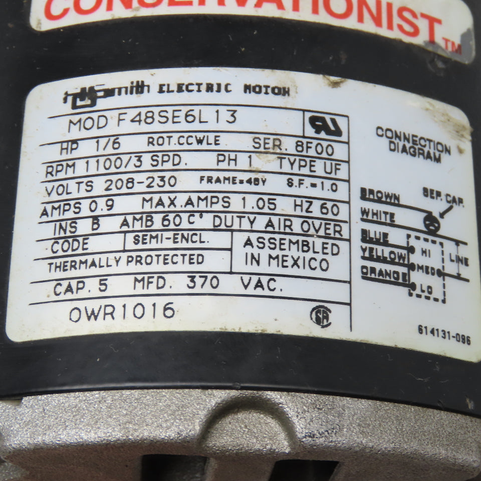 AO Smith F48SE6L13 1/6Hp 1100RPM 3 Speed Fan Motor 208-230V 1Ph