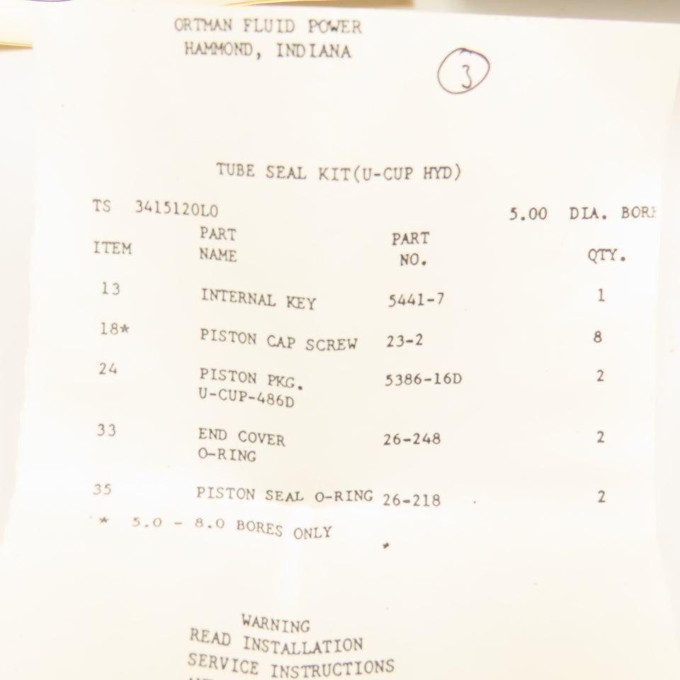 Ortman Fluid Power TS 3415120L0 5" Bore U-Cup Hydraulic Tube Seal Kit