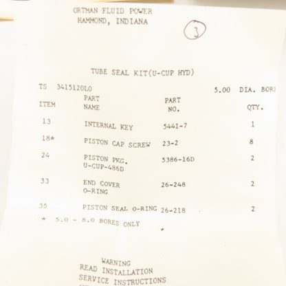 Ortman Fluid Power TS 3415120L0 5" Bore U-Cup Hydraulic Tube Seal Kit