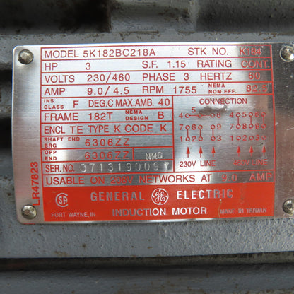 General Electric 5K182BC218A 3HP Electric Motor 230/460V 3Ph 1755RPM 182T Fr.