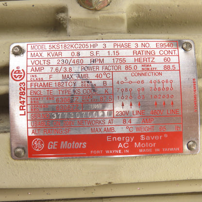 General Electric 5KS182KC205 3HP AC Electric Motor 230/460V 3Ph 1755RPM 182TCY