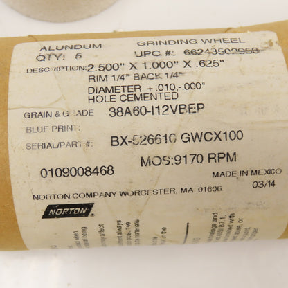Norton 38A60-I12VBEP 2.5" x 2" x .625" Alundum Grinding Wheel Cup Lot Of 5
