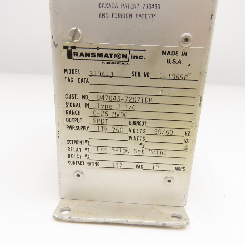 Transmation Inc. 310A-J Type J Thermocouple Monitor Alarm 0-25MVDC Range 117VAC