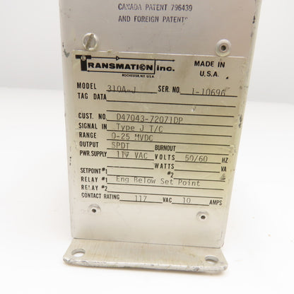 Transmation Inc. 310A-J Type J Thermocouple Monitor Alarm 0-25MVDC Range 117VAC