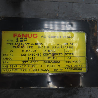 FANUC A06B-0714-B900 16P AC Spindle Motor 5.5/7.5/11kW 3Ph 200V 375/4500RPM