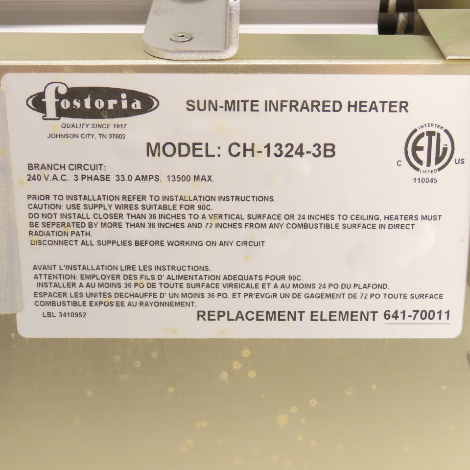 Fostoria CH-1324-3B Sun-Mite Infrared Heater, 13.5KW, 240V, 3Ph, 33A