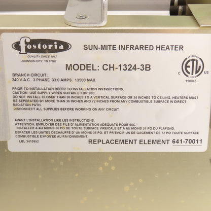 Fostoria CH-1324-3B Sun-Mite Infrared Heater, 13.5KW, 240V, 3Ph, 33A