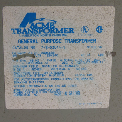 Acme T-2-53014-S 5.0 KVA 60Hz Transformer 240x480V Primary 120/240V Secondary
