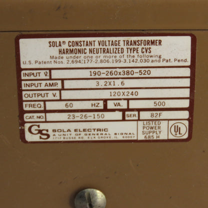 Sola Electric 23-26-150 500 VA CVS Transformer 190-260x380-520V In 120x240V Out