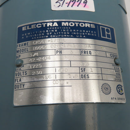 Electra Motors 10:1 Ratio 3/4Hp 230/460V 3Ph RH 173RPM Output Gear Motor