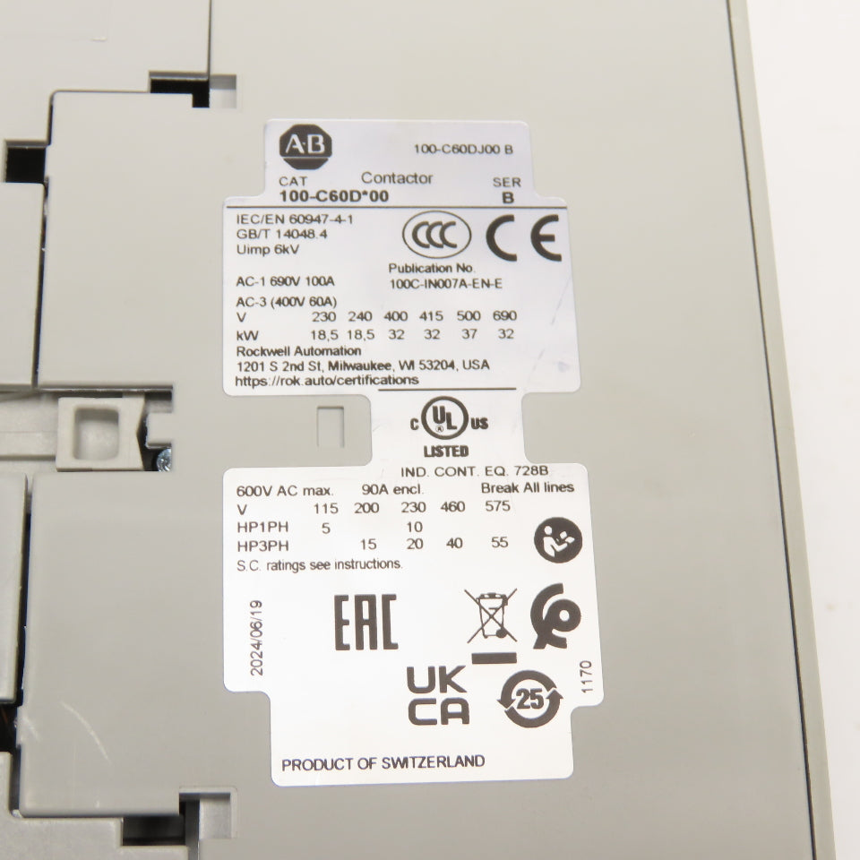 Allen Bradley 100-C60D00 Contactor 600VAC 3Ph 55Hp Max 24VDC Coil