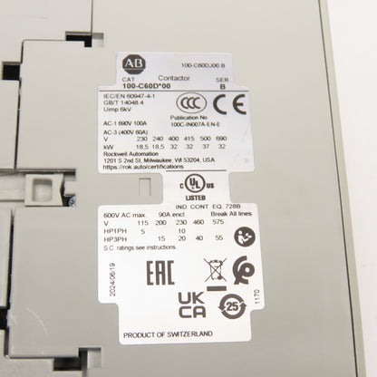 Allen Bradley 100-C60D00 Contactor 600VAC 3Ph 55Hp Max 24VDC Coil
