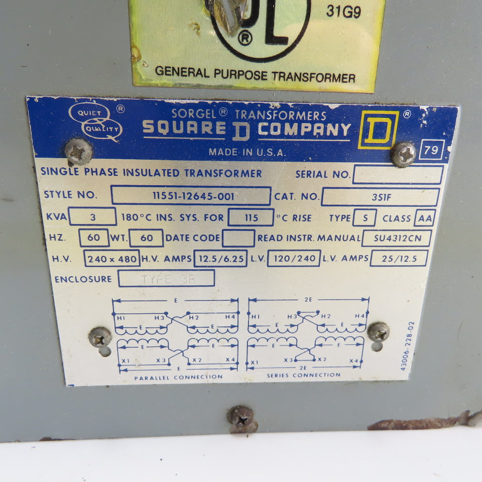 Square D 11551-12645-001 3KVA Transformer 240/480V Pri 120/240V Sec 1Ph Tested