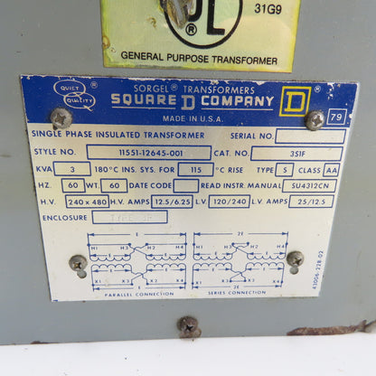 Square D 11551-12645-001 3KVA Transformer 240/480V Pri 120/240V Sec 1Ph Tested