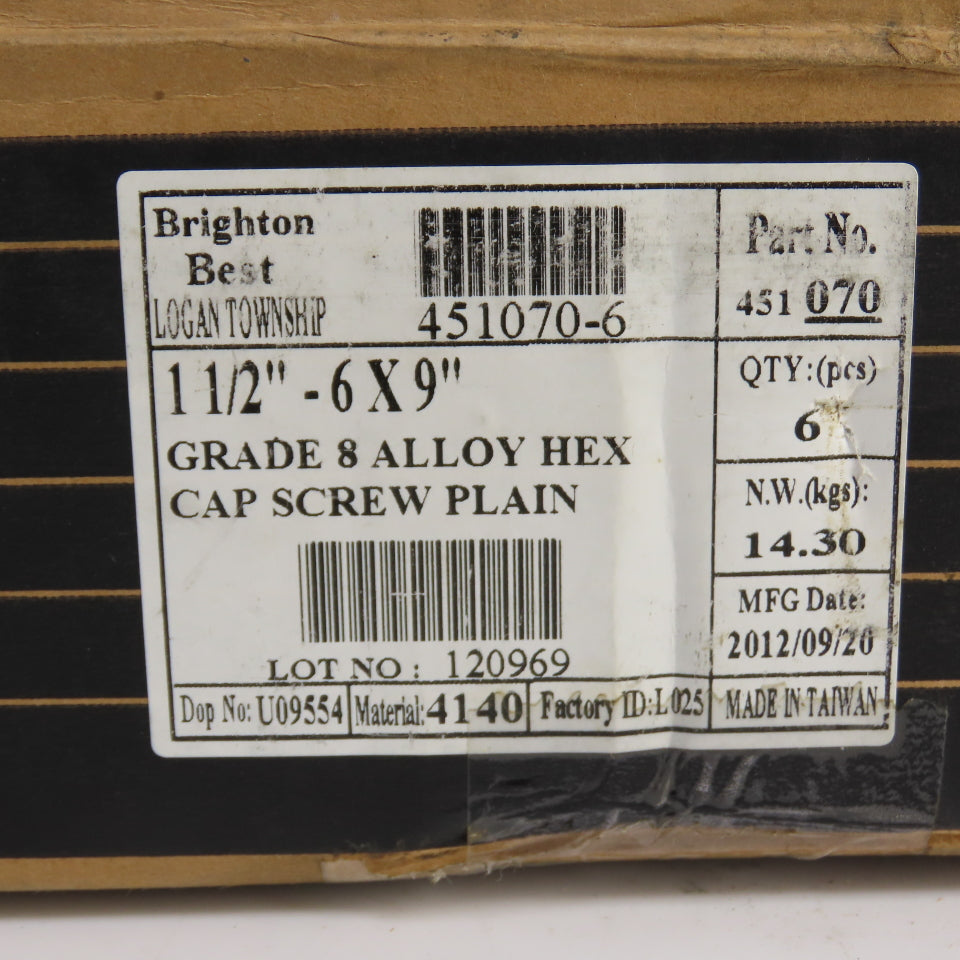 Brighton Best 451070-6 Grade 8 Alloy Hex Cap Screws 1-1/2" - 6 x 9" (6 pieces)