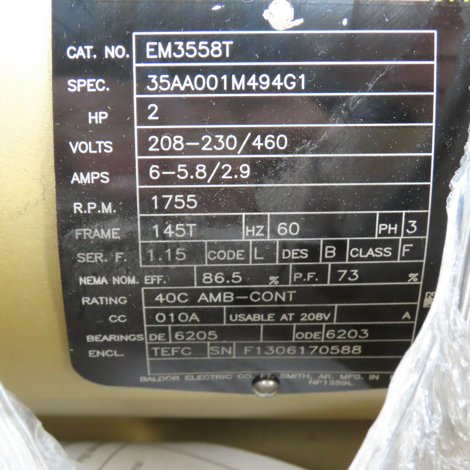 Baldor-Reliance EM3558T 2HP Electric Motor 3PH 1755RPM 208-230/460V Frame 145T