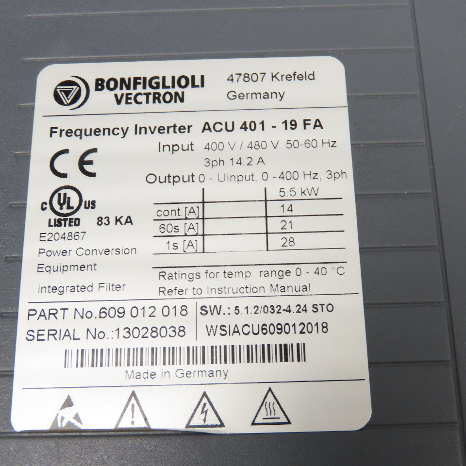 Bonfiglioli 609 12 018 ACU401-19FA 400/480V Frequency Inverter 0-400Hz